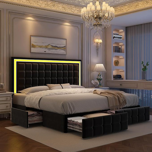 King Bed Frame with LED Lights & Storage Drawers, No Box Spring Needed, Heavy Duty 900lbs Weight Capacity, Easy Assembly, Modern Upholstered Platform Bed, Velvet Black