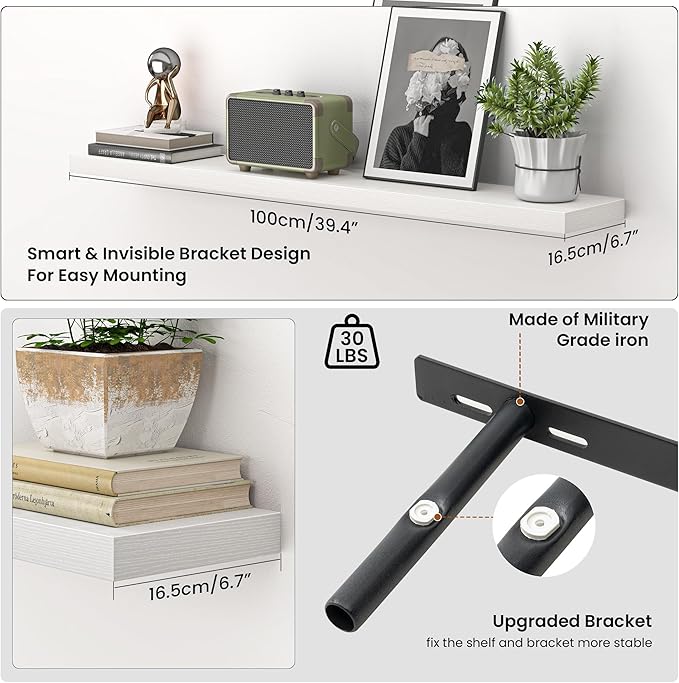 Heimlove Floating Shelves for Wall 40 Inch,Mounted Storage & Display Hanging Shelf with Invisible Brackets,for Bedroom,Living Room,Kitchen,Office,Set of 2,White