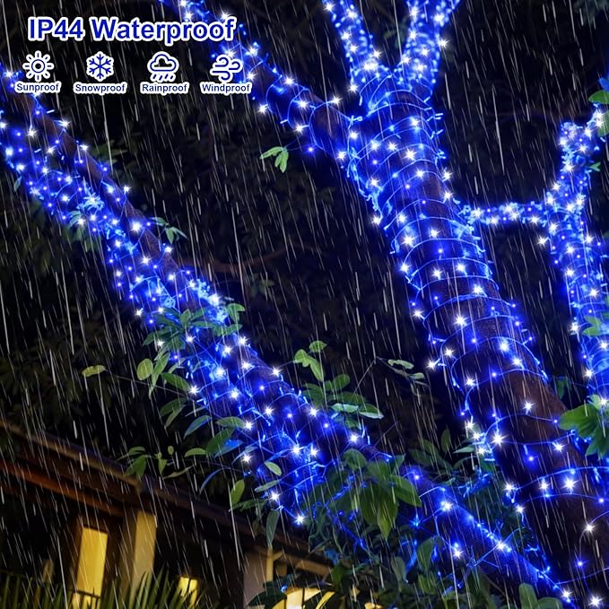 QITONG Blue and White Christmas Lights Outdoor Waterproof, 165ft 500 LED String Light Plug-in, Clear Wire Indoor Christmas Tree Lights with 8 Modes