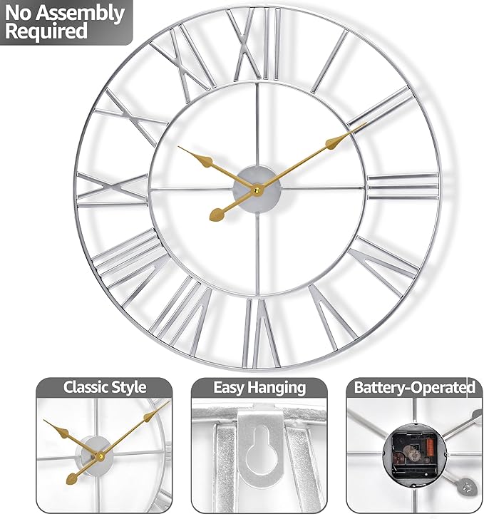 Sorbus Large Wall Clock for Living Room Decor – Easy to Hang 24-Inch Big Wall Clock – Metal Wall Art for Kitchen, Bedroom, Home, Office – Analog Decorative Wall Clock (Silver)