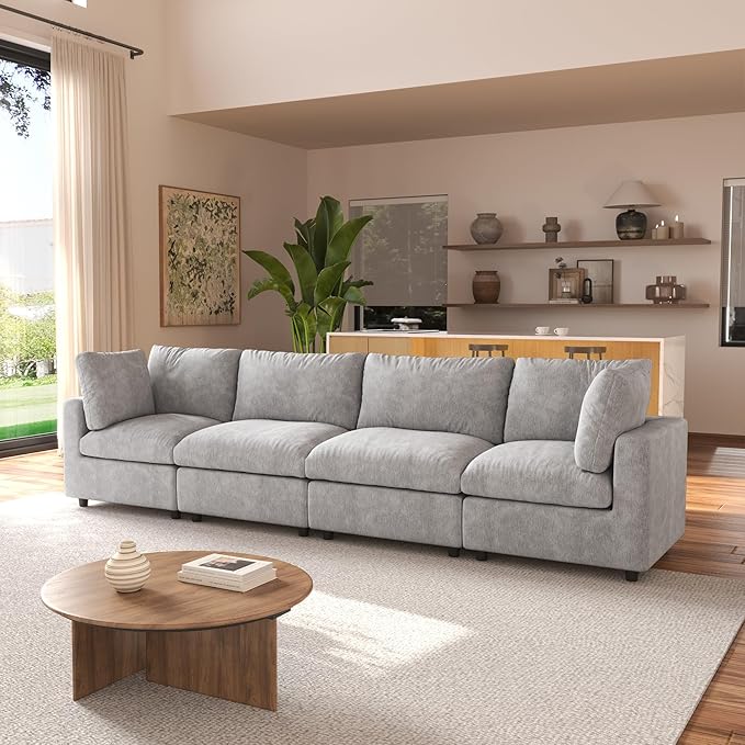 JACH 134" Sectional Couches for Living Room, 4-Seater Convertible Modular Sofa, Cloud Sectional Couch, Sofa Covers Washable, Minimalist Modern Couch for Living Room, Apartment, Light Grey