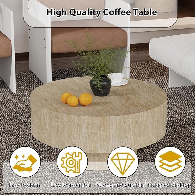 Round Coffee Table, Handcrafted Fluted Drum Coffee Tables Modern Wood Coffee Table Circle Drum Center Table for Living Room, Apartment (Travertine Round)