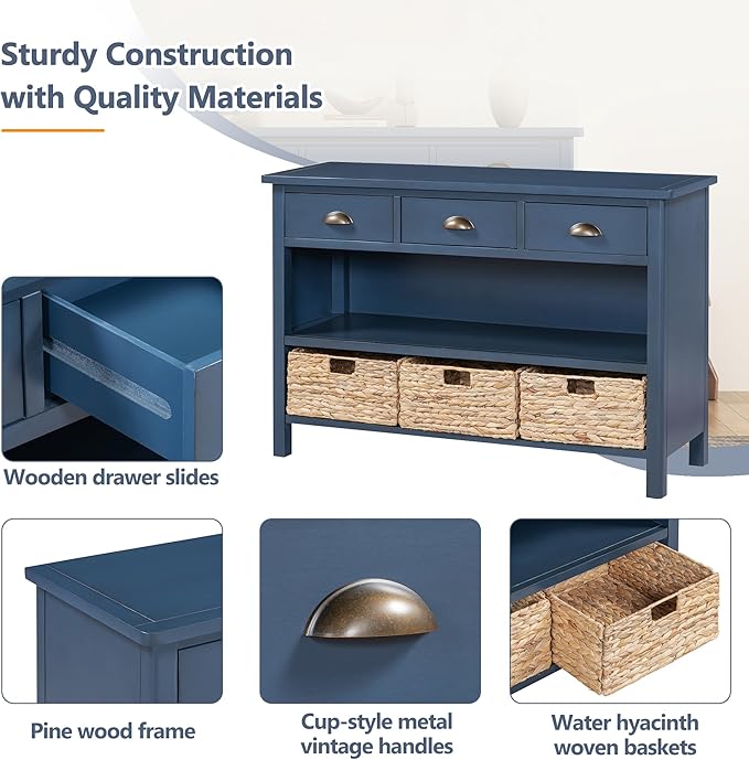 GDFStudio 47" Retro Console Table with 3 Drawers & 3 Water Hyacinth Baskets, Wooden Entryway Buffet Table with Lower Shelf, Vintage Side Board Storage Cabinet for Entryway Hallway Living Room, Navy