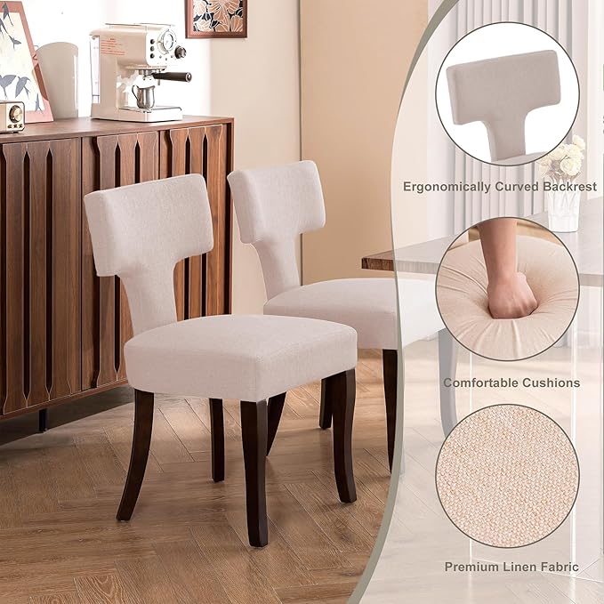 Mid Century Modern Dining Chairs Set of 2, Upholstered Side Dining Chairs with Curved Back Linen Fabric Armless Wood Chairs Kitchen & Dining Room Farmhouse Chairs (White)