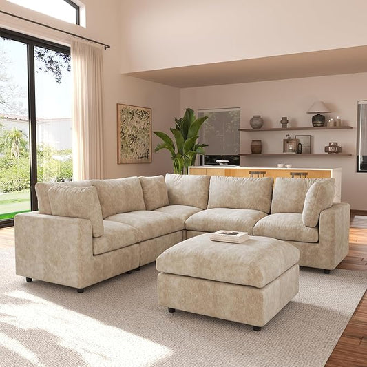 JACH V Shape Sectional Couches with Chaise Ottoman, Convertible Modular Sofa, Cloud Sectional Couch, Sofa Covers Washable, Minimalist Couch for Living Room, Apartment, Khaki