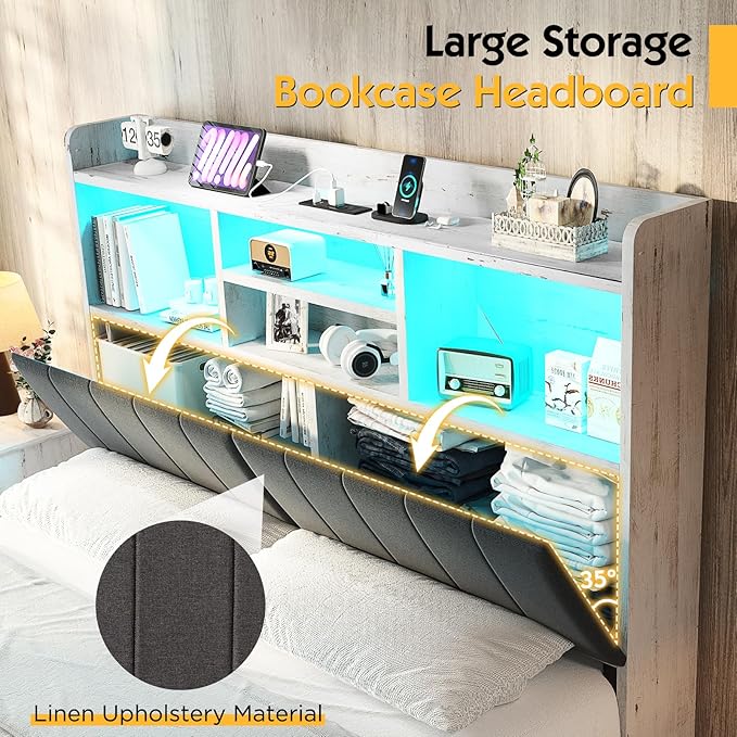King Farmhouse Bed Frame with Bookcase Headboard and 4 Drawers, LED Storage Bed with Charging Station & Linen Upholstered, No Box Spring Needed, Distressed White