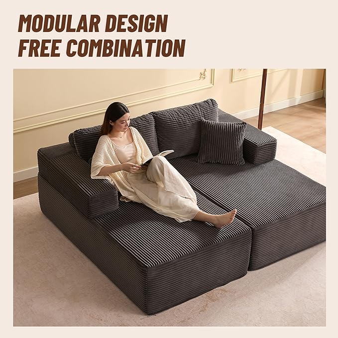 Chaise Lounge Chair, Boneless Couch for Living Room and Bedroom, Sleeper Couches Reading Chairs, Corduroy, Grey