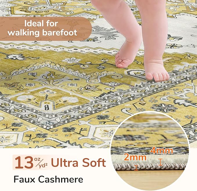 OPPODREAM Thin Area Rugs 3x5, Washable Rugs with Non Slip Backing, Low-Pile Throw 3x5 Carpet, Faux Cashmere 3 x 5 Carpet, Yellow