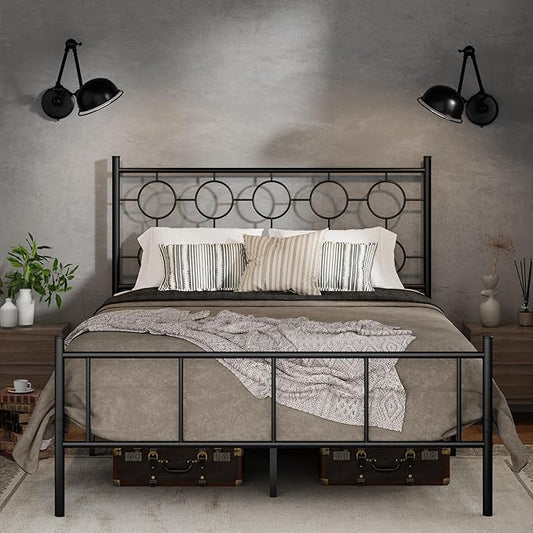 Full Size Classic Metal Platform Bed Frame with Headboard and Footboard, Victorian Style Iron Bedframe with 12 inch of Storage Under Frame, Slat Support, No Springs Required, Easy to Assemble (Black)