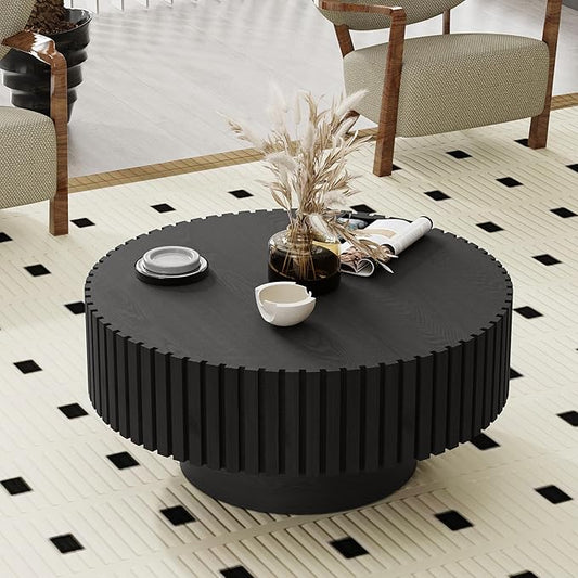 Fluted Coffee Tables 31.5" Round Wood Coffee Table Modern Handcraft Drum Coffee Tables with Sturdy Pedestal Unique Coffee Table for Living Room Home Office (Round Black)