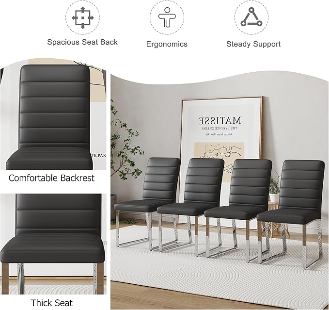 Modern Dining Chairs Set of 4, White Faux Leather Kitchen Chairs, Upholstered Armless Dining Room Chair with Gold Mental Legs Heavy Duty, Comfortable (Black Chairs, Set of 4)