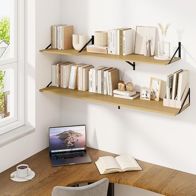 Fun Memories Floating Shelves for Wall, 12 Inch Deep Floating Shelves Set of 2, 24W x 12D Large Wall Shelf with Sturdy Metal Brackets for Living Room, Bathroom, Bedroom and Kitchen, Oak