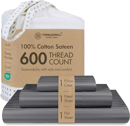 Threadmill 100% Cotton Sheets for Twin Size Bed - 600 Thread Count Twin Bed Sheets Set with 15” Deep Pocket - Damask Stripe Sateen Weave 3-Piece Bedding Set with Cooling Effect, Dark Grey