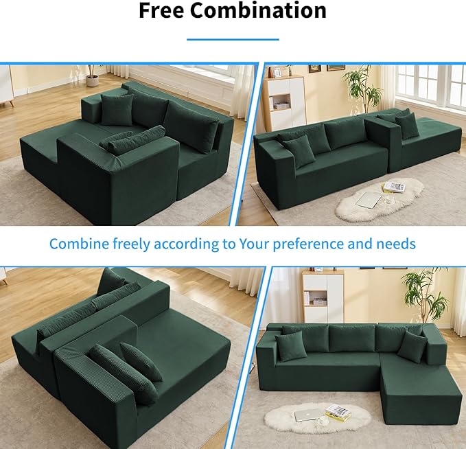 PUREMIND 106" Cloud Sectional Couch for Living Room, Corduroy L Shape Sofa with Deep Seat, Modern Green Couches Modular Boneless Foam Couch Corner Couches, No Assembly Required