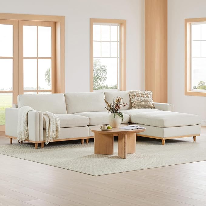 CHITA Super Large Luxury L Shape Convertible Sectional Modular Sofa, Down Filled Modern Sofa with Ottoman, Deep Seat Cloud Couch, 118 inch Width, 4 Seat Couch with Solid Wood Leg, Linen