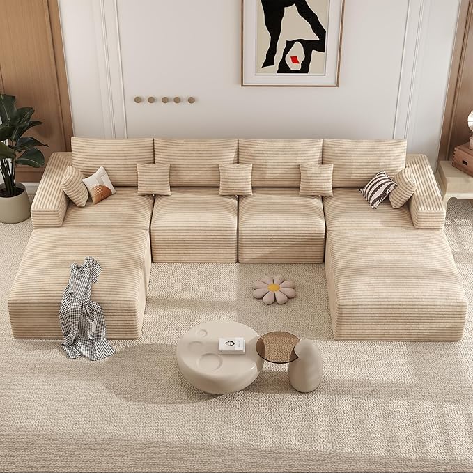 146" Modular Sectional Sofa, Convertible U-Shaped Cloud Couches for Living Room with Ottoman, 6 Seater Corduroy Boneless Couch Sofa Set, No Assembly Required, Khaki 1 PCS