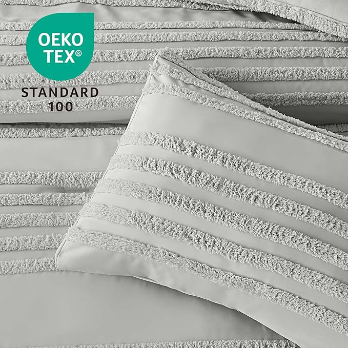 BEDELITE Boho Twin/Twin XL Comforter Set，Light Grey Tufted Striped Bed Set 2 Pieces, Soft Vintage Farmhouse Comforter for College, Boho Home Dorm Decor, Fluffy Jacquard Bedding with 1 Pillow Sham