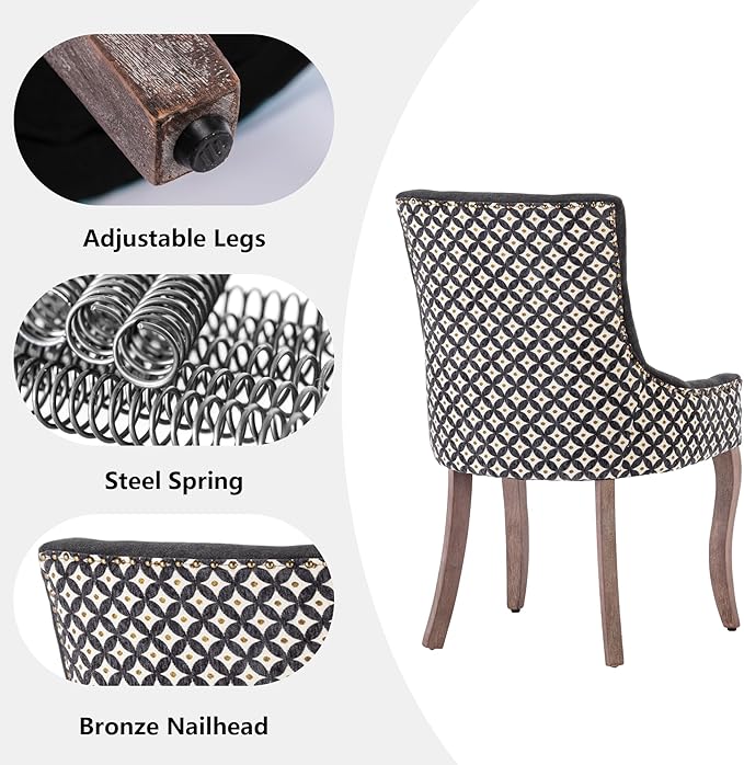 Farmhouse Dining Chairs Set of 6, Upholstered Fabric Dining Room Accent Chairs with Wood Legs & Bronze Nailhead, High Wingback Kitchen Chairs for Living Room Hotel Apartment, Black