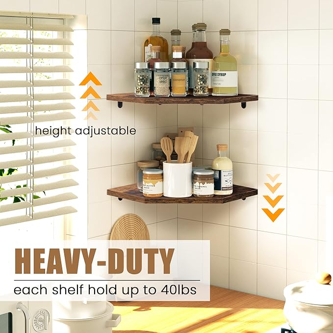 Fun Memories Corner Shelf Wall Mount, Floating Corner Shelves, Set of 2 Corner Wall Shelf Organizer, Rustic Wood Wall Storage Display Shelves for Living Room Bedroom Bathroom Kitchen, Rustic Brown