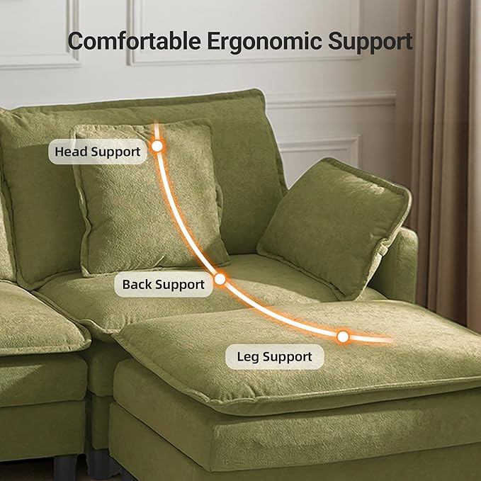 Claiks 148" Modular Sectional Sofa, Cloud Couch with Ottoman, U-Shaped 6-Seater Sofa in Chenille Fabric, Deep Seat Comfy Couch with Pillows for Living Room & Offices, Green