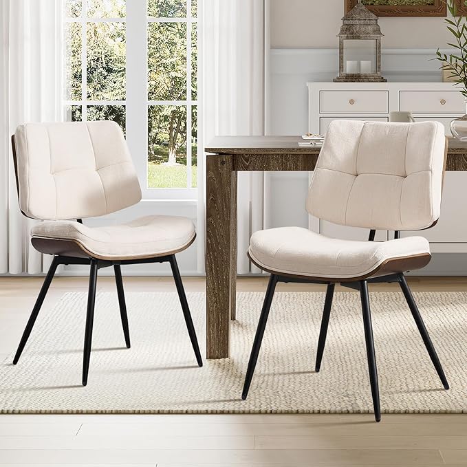 Dining Chairs Set of 4,Mid Century Modern Kitchen Chairs with Walnut Bentwood Back and Metal Legs,Upholstered Fabric Dining Room Chairs for Kitchen, Living Room,Beige