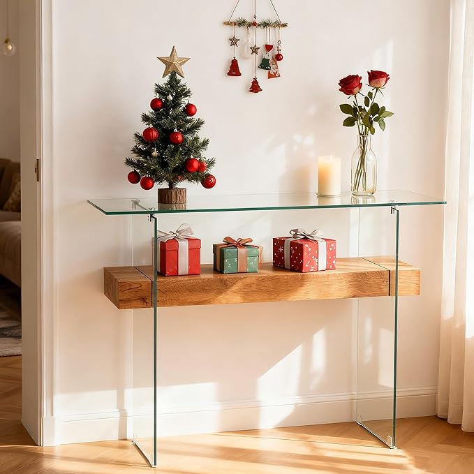 ivinta Glass Console Table with Storage, 39.4" Modern Narrow Entryway Table for Living Room, Entrance, Hallway or Bedroom 5101 (Natural Wood)