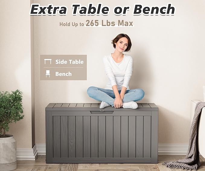Outdoor Storage Box, Resin Deck Boxes Indoor and outdoor, Waterproof Storage Box Lockable Lid (Grey, 75 Gallon)
