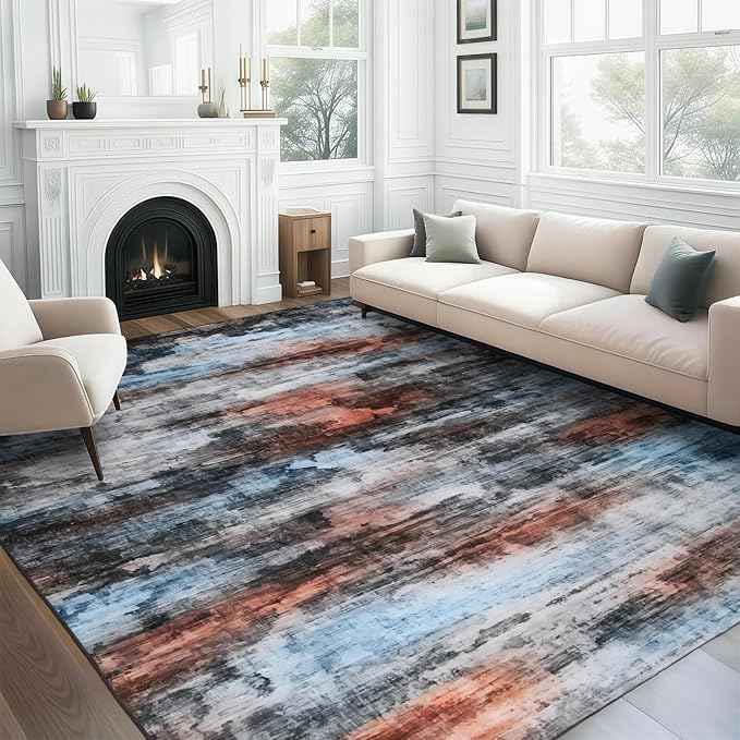 WILLSUN Washable Area Rugs, 9x12 Non-Slip Boho Large Area Rugs for Living Room, Bedroom, Machine Washable Vintage Rug, Indoor Floral Print Carpet for Home Decor, Kid & Pet Friendly Mat