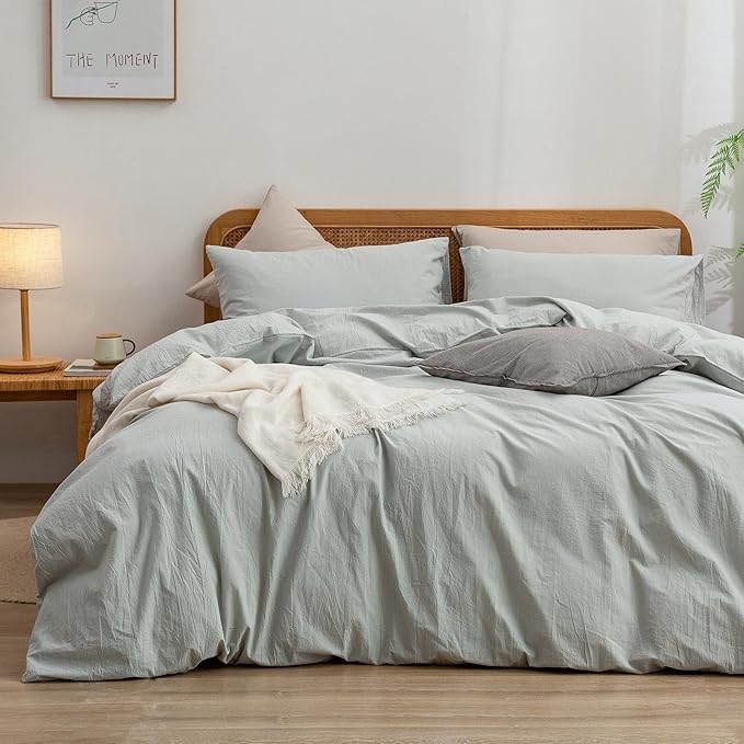 BESTOUCH Duvet Cover Set 100% Washed Cotton Linen Feel Super Soft Comfortable Chic Lightweight 3 PCs Home Bedding Set Solid Northern Droplet Grey King