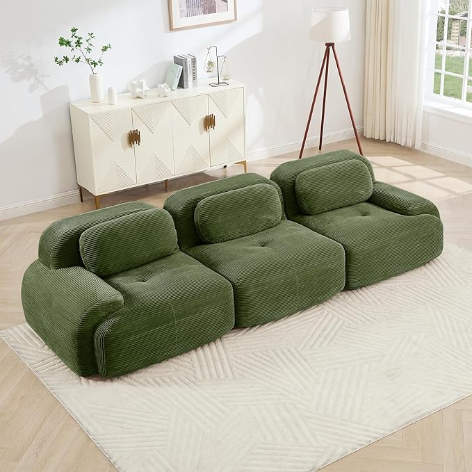 116" Modern Corduroy Cloud Sofa, Boneless Modular Large Sectional Couches for Living Room, Green 3 Seater Compressed Memory Foam Couch, Extra Deep Seat, No Assembly