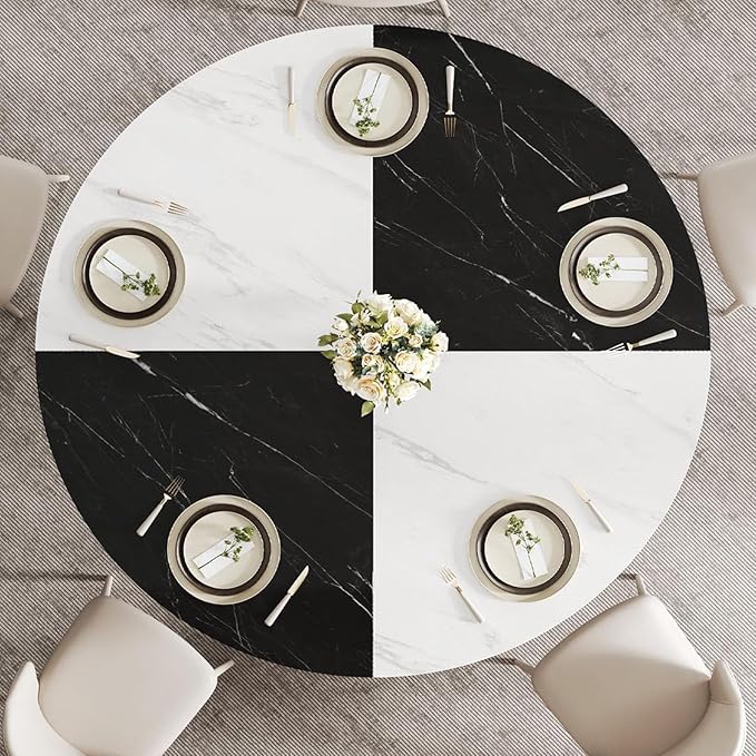 LVB Round Marble Dining Table for 4 Man, Modern 51-Inch Wood Dining Table,Farmhouse Large Kitchen Table with Metal Legs for Living Room, Home, Apartment,Black and White Marble