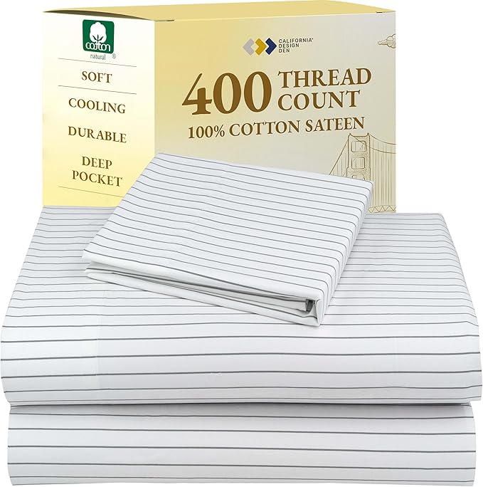 California Design Den Printed Twin XL Sheet Sets - 400 Thread Count Sateen, Natural 100% Cotton Sheets Set, Deep Pockets, Cooling and Durable Bedding Set - Pinstriped