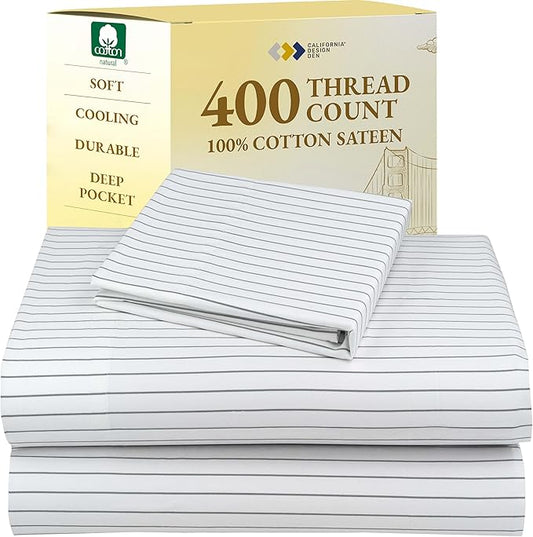 California Design Den Printed Twin XL Sheet Sets - 400 Thread Count Sateen, Natural 100% Cotton Sheets Set, Deep Pockets, Cooling and Durable Bedding Set - Pinstriped