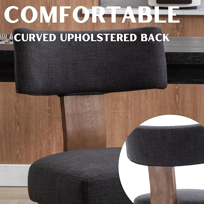 Linen Dining Chairs Set of 4, Modern Dining Chair with Curved Backrest and Wood Legs Upholstered Dining Chairs Farmhouse Dining Room Chairs Kitchen Chairs, Charcoal