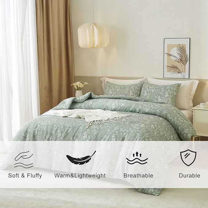 EAVD King Size Comforter Set Sage Green Floral Comforter Set Soft Microfiber Chic Cute Garden Floral Bedding Set with 2 Pillowcases Fresh Reversible Botanical Bedding Set for All-Season