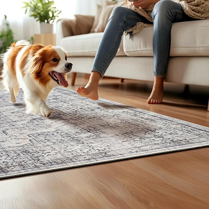 Neutral Modern Area Rugs 6x9 Machine Washable Living Room Rug Non Slip with Rubber Backing Soft Faux Fur Low Pile Stain Resistant Boho Floral Carpet Rugs for Bedroom Dining Room Kids Room Office,Grey