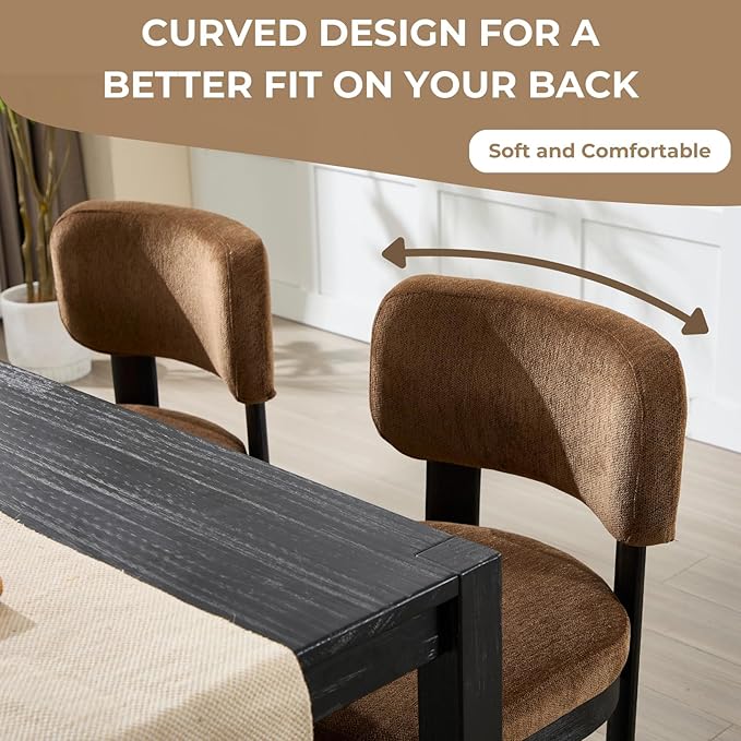 Modern Brown Upholstered Dining Chairs Set of 6 Wooden Side Chairs with Curved Backrest and Black Legs for Kitchen Island, Dining Room