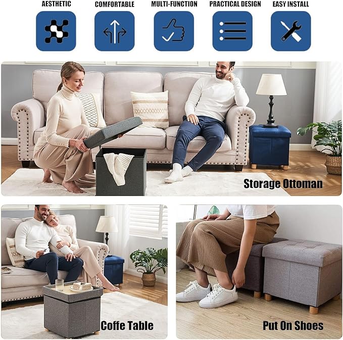 BRIAN & DANY Small Ottoman with Storage, Foot Stool Ottoman Storage Cube, Foot Rest for Couch with Legs, Navy Blue 15" x 15" x 15"