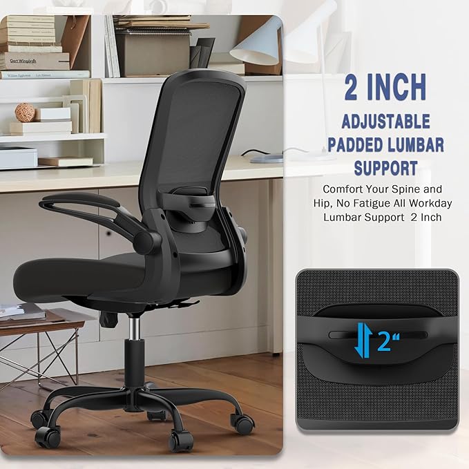 Mimoglad Ergonomic Office Chair - BIFMA Certified, Flip-up Armrests & 135° Recline, Adjustable Lumbar Support - Space-Saving Task Chair for Business/Team Office & Home (Black, 300lbs)