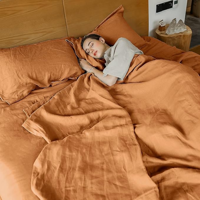 Simple&Opulence French Linen Duvet Cover Set 104"x 98"- 3 Pieces (1 Comforter Cover,2 Pillowcases)-Natural Flax Cotton Blend-Solid Color Breathable Farmhouse Bedding-Rust,California King
