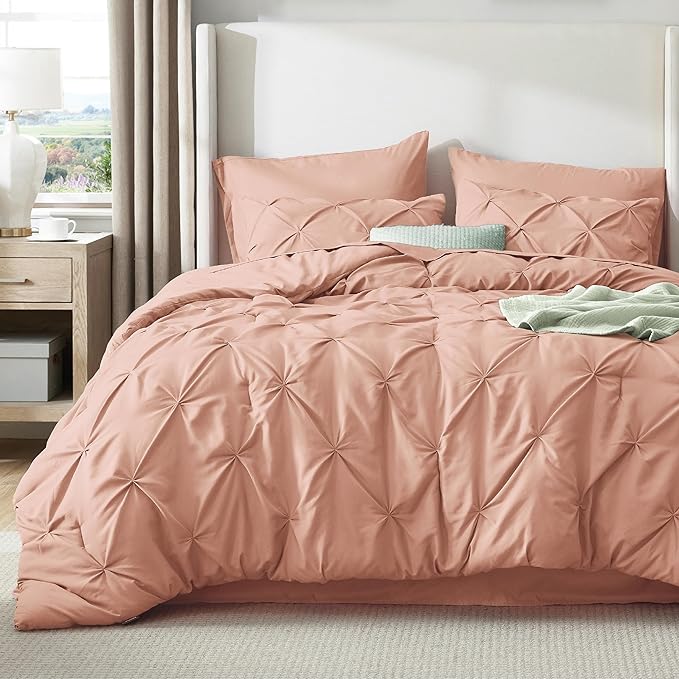 Bedsure Twin Comforter Set Dusty Pink - Bed in a Bag Twin Size Bedding 5 Pieces, GentleSoft™ Pintuck Bed Set Gift for Family, Pinch Pleat Dusty Pink Comforter with Sheets, Pillowcase & Sham