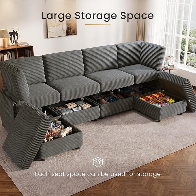 KKL Modular Sectional Sofa U-Shaped 6 Seater Couch with Storage Ottoman, Convertible L-Shaped Plush Wide-Wale Corduroy Couch for Living Room, Apartment, Modern Design, Gray