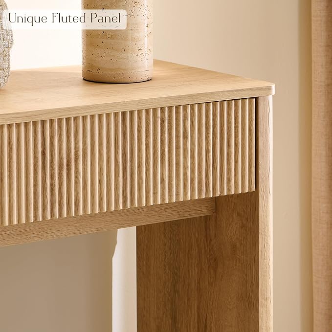 OKD 63" Fluted Console Table for Entryway, Modern Entryway Table with 2 Large Drawers, Long Sofa Table Behind Couch for Living Room, Hallway, Couch, Foyer，Natural Oak