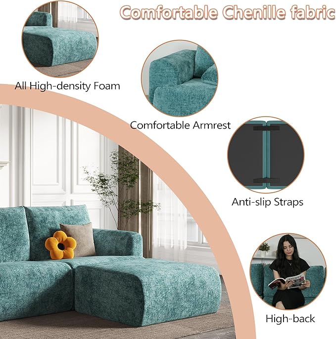 EASE MOOSE Cloud Couch Sectional Sofa, Large L-Shaped Oversized Modular Couch for Living Room, Minimalist Boneless Convertible Couches with Ottoman, 5-Seat Deep Sofas for Bedroom, Chenille (Blue)