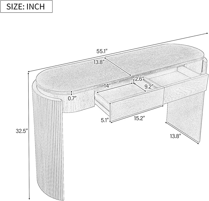 MTHOUSE 55.1" Entryway Narrow Console Table with Drawers, Oval Top & Fluted Legs, Natural Wood Grain Sofa Table for Hallway, Foyer, Behind Couch, Accent Table for Living Room, Solid Wood + MDF (Navy)