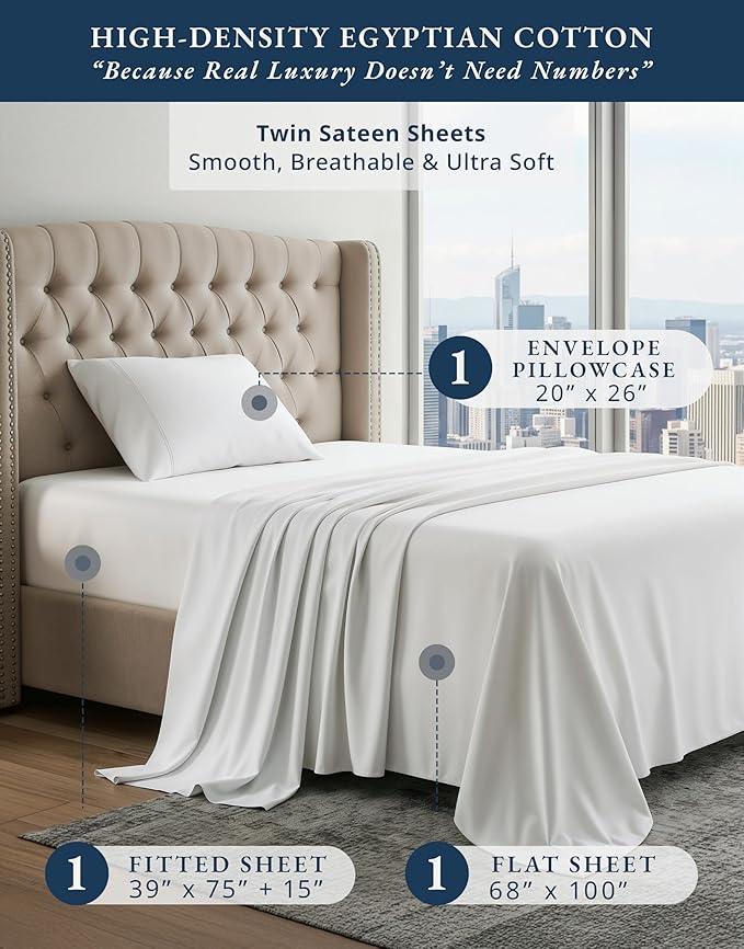 LANE LINEN 100% Egyptian Cotton Twin Sheets Set, Soft & Comfy Luxury Hotel Style Thick Cotton Twin Bed Sheet Set, Fully Elasticized Reinforsed Seams No Pill Natural Cooling White Sheets