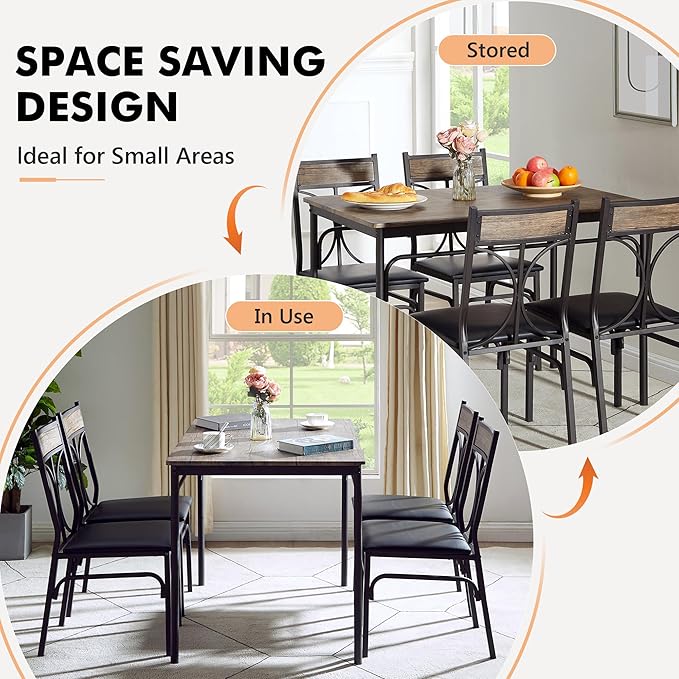 VECELO 5-Piece Dining Table Set for Home Kitchen Small Space Breakfast Nook, 4 Faux Leather Metal Frame Chairs, Brown,Set for 4