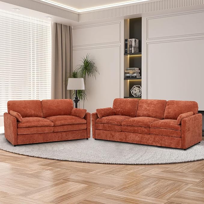 2 Pieces Chenille Sofa Set w/Arm Pillows, Upholstered Loveseat & 3 Seater Sofa w/Comfortable Back Cushions, Modern 2-Seat & 3-Seat w/High-Density Foam for Living Room, Apartment, Orange