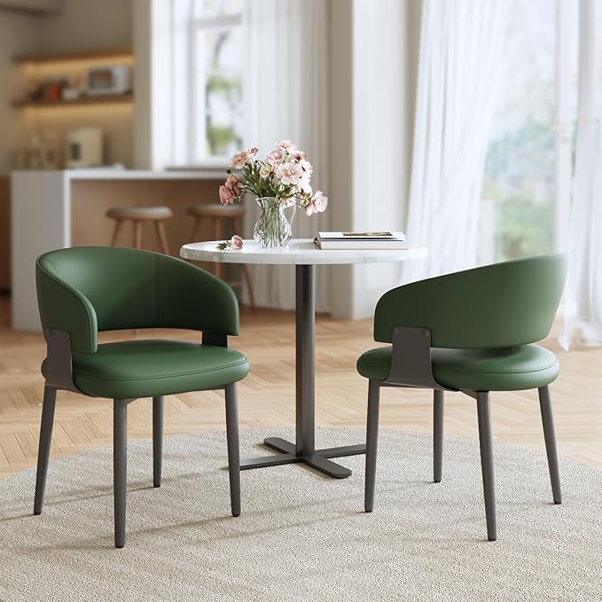 Modern Dining Chairs Set of 6, Faux Leather Upholstered Kitchen Chairs with Curved Back and Metal Legs, Mid Century Chairs for Dining Room, Kitchen, or Café (Green)