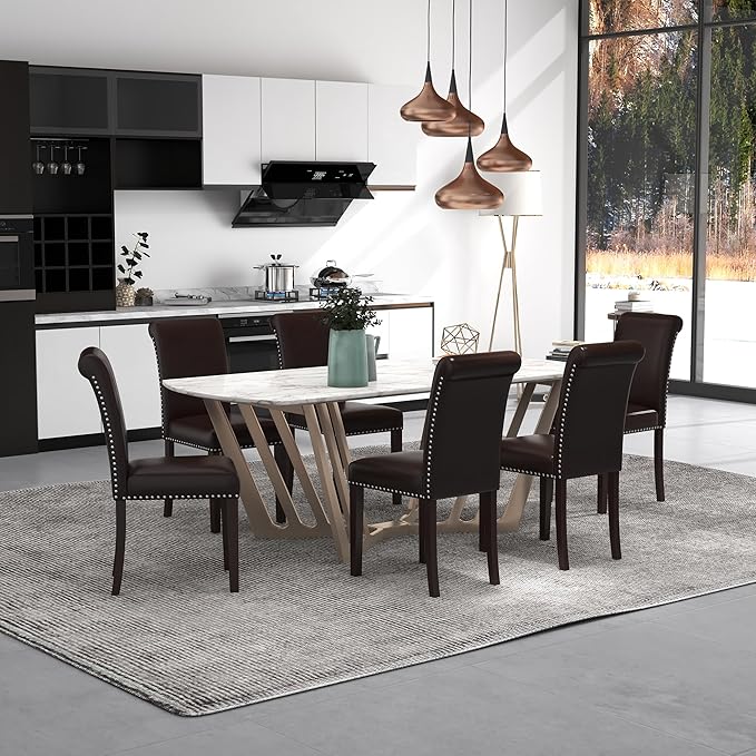 Westice Dining Room Chairs Set of 4 Upholstered PU Leather Kitchen Chairs Dining Room Side Chair with Nailhead Trim and Rubber Wood Legs for Small Space Apartment, Brown